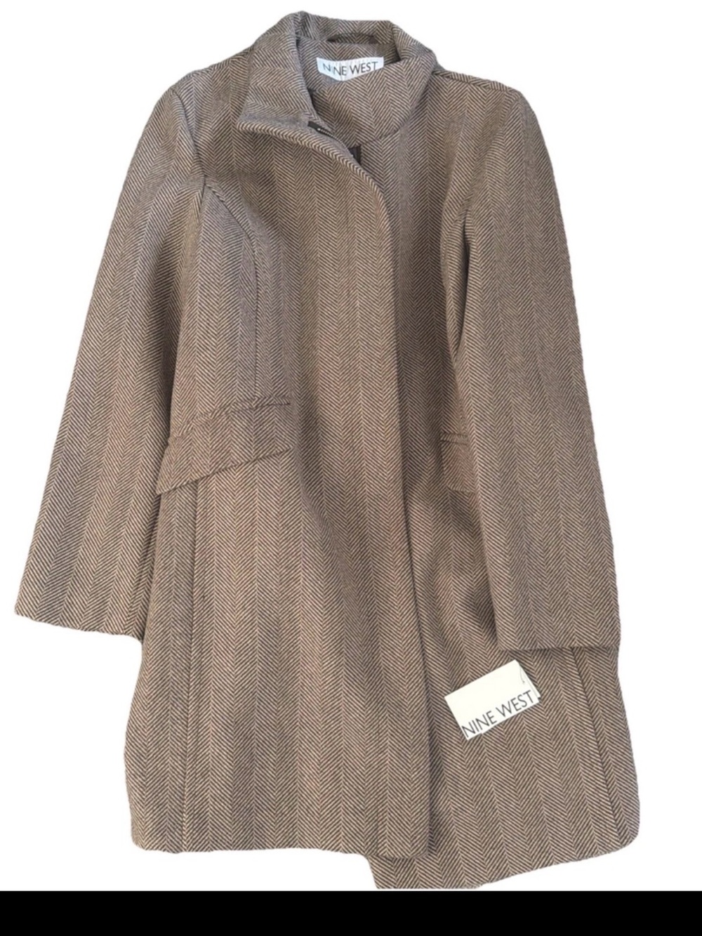 Nine West Women’s Full Length Zip Overcoat Herringbone Brown Size XL NWT
